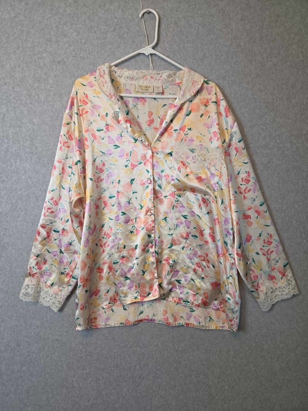 Vtg Victoria's Secret Gold Label Gold Floral Lace Trim Button Up Pajama Top Sz L